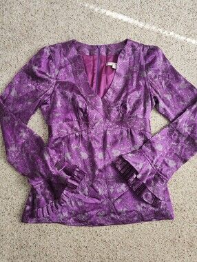 Nanette Lepore Purple Floral V-Neck Ruffle Cuff Blouse